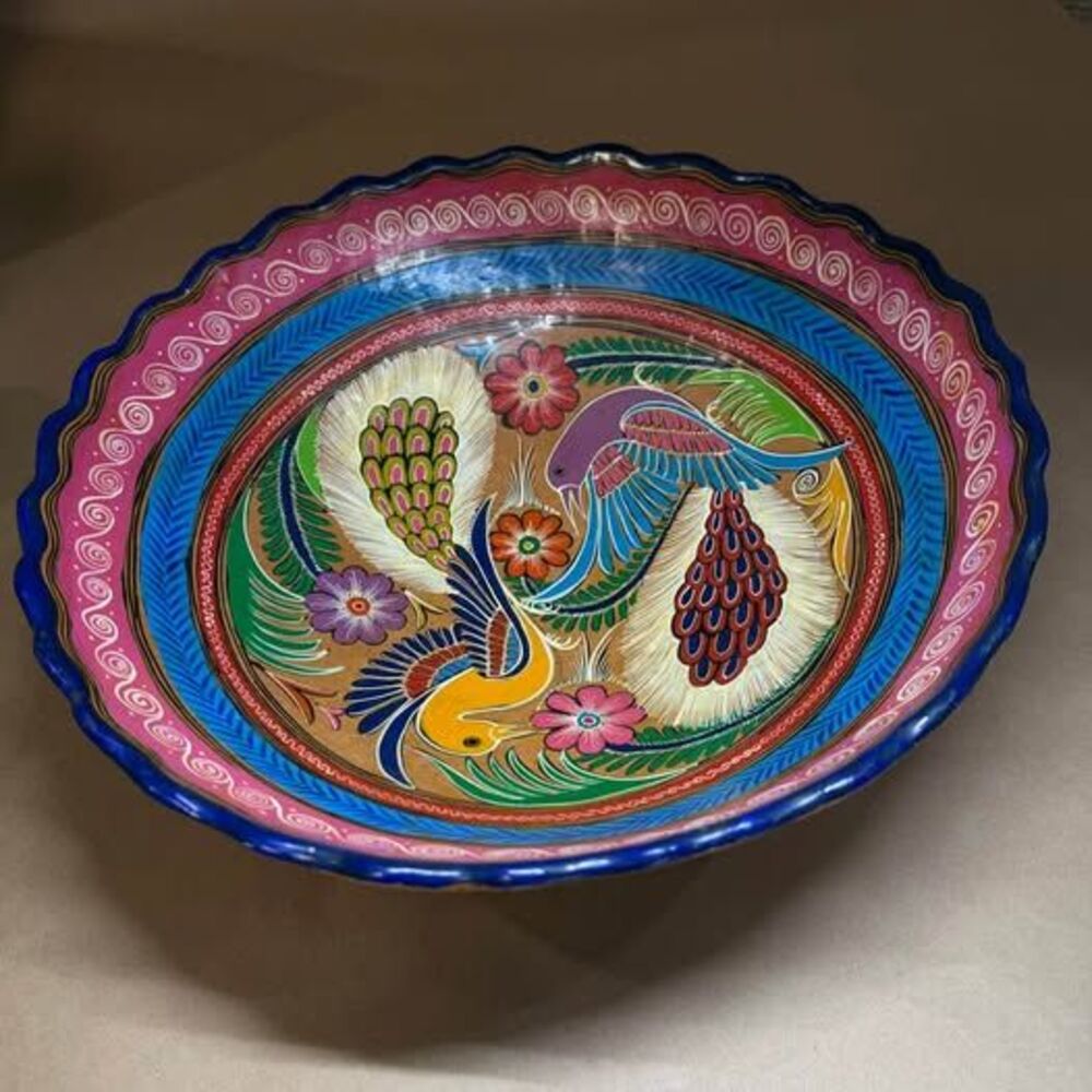 Vintage Hand Painted Folk Art Pottery Wall Bowl Birds & Floral Design